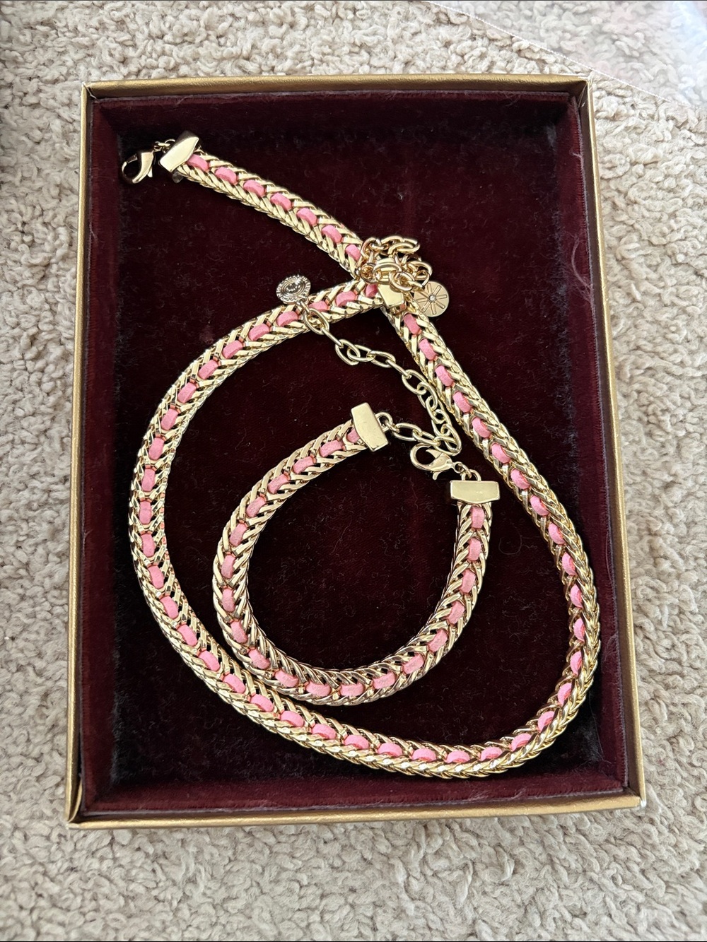 Avon Gold Tone Necklace and Bracelet Set with Pink leather Accents